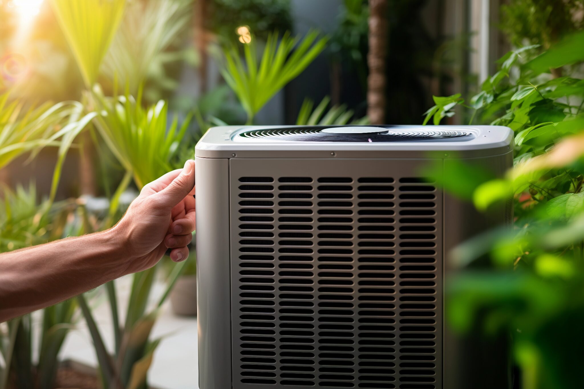 HVAC unit with plants around it